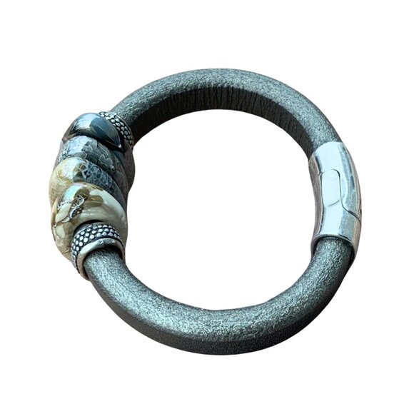 Artisan Leather Cuff Bracelet Ceramic Focal Beads Magnetic Closure - Picture 3 of 5